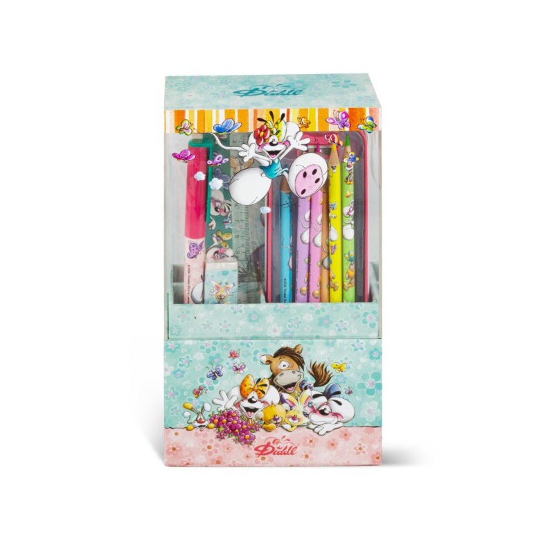 Diddl schrijfwarenset: 1 pen, 1 lat, 1 metalen etui en 1 schrift