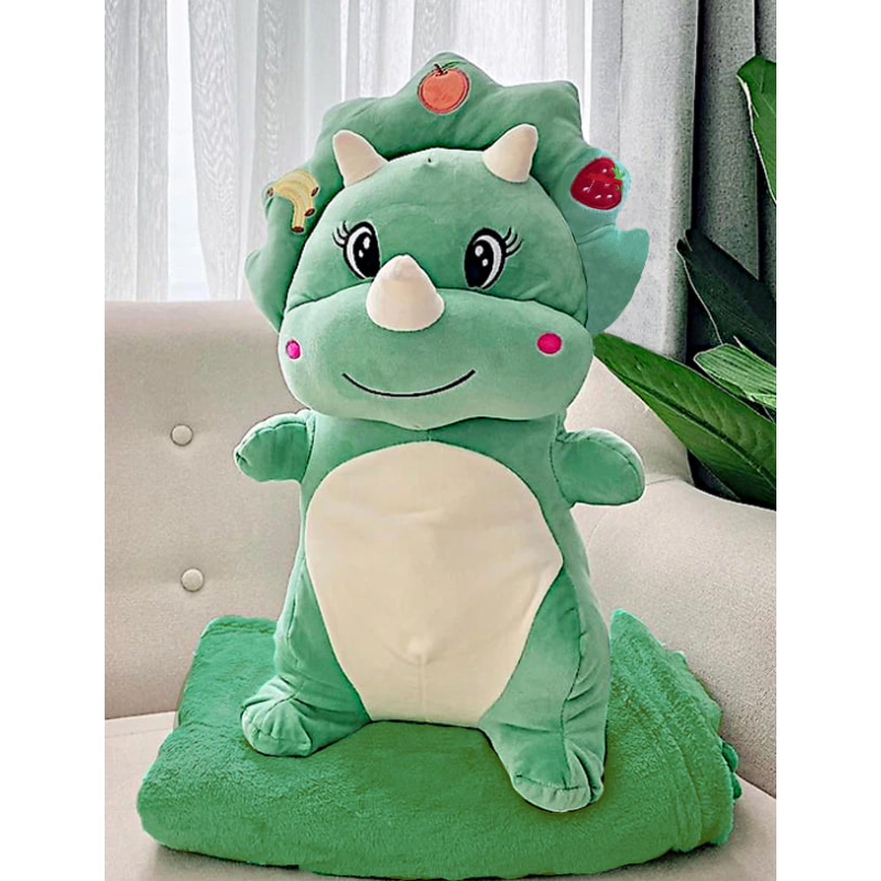 Pluche Triceratops Dinosaurus knuffel kussen met deken groen