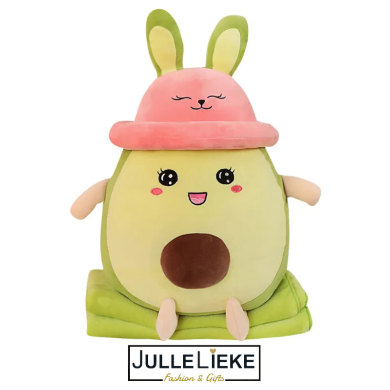 Pluche konijn avocado knuffel met deken groen/roze