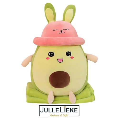 Pluche konijn avocado knuffel met deken groen/roze