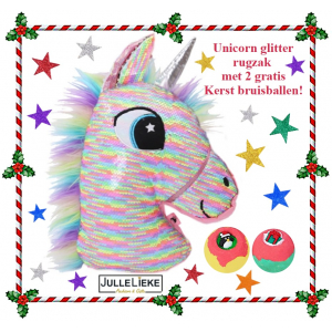 Glitter Unicorn rugzak Rainbow + 2 gratis Kerst bruisballen